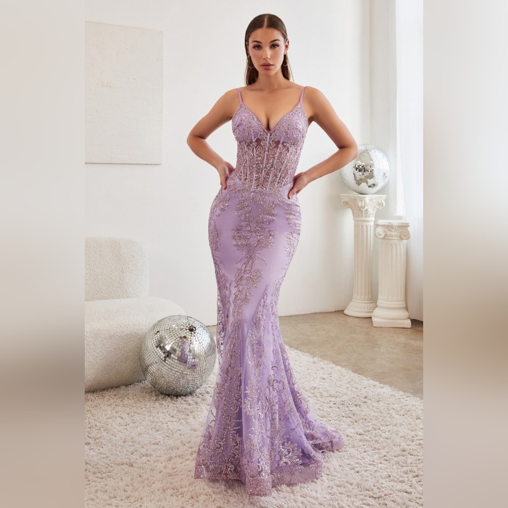 Fitted Floral Glitter Print Corset Gown Lavender J810